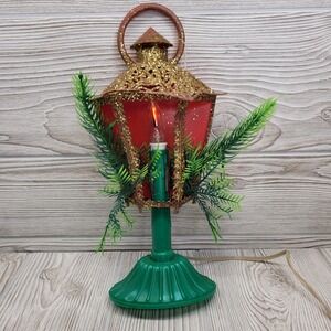 Beacon Electrified Christmas Lantern Red Green Gold Glitter‎ Flicker Candle Vtg